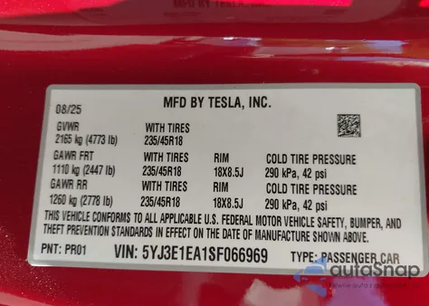 2025 Tesla Model 3 Long Range Rear-Wheel Drive из США, поврежденный, VIN 5YJ3E1EA1SF066969